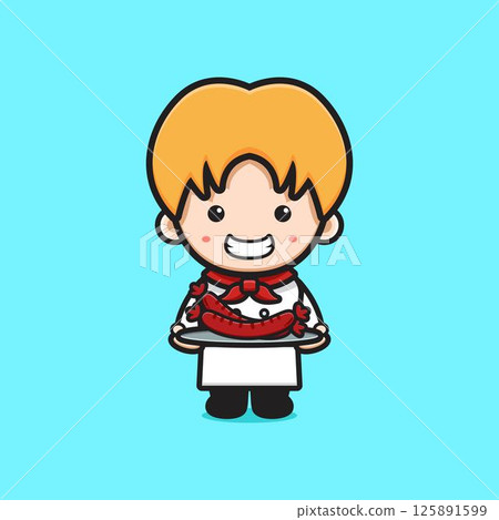 Cute chef holding sausage on plate cartoon icon illustration Cute chef holding sausage on plate cartoon icon illustration 125891599