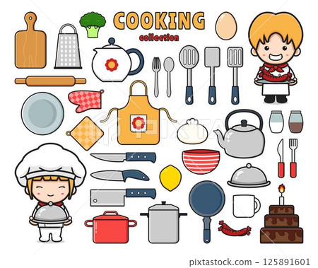 Set collection of cute chef with object clip art doodle cartoon icon illustration 125891601