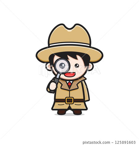 Cute detective holding a magnifying glass cartoon icon illustration 125891603