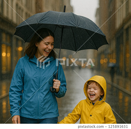 A mother and her son walking side by side under one black umbrella 125891631