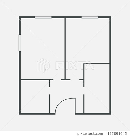 Floorplan simple icon room flat apartment line drawing, floor plan project, symbol. Technical architecture draw. Structure shape, build layout with doors and windows. 125891645