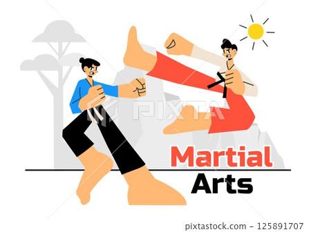 Martial Arts Vector Illustration with an Athlete Performing a High Kick Exercise, Practicing Karate, or Demonstrating Fighting Poses in a Background Martial Arts Vector Illustration with an Athlete Performing a High Kick Exercise, Practicing Karate, or Demonstrating Fighting Poses in a Background 125891707