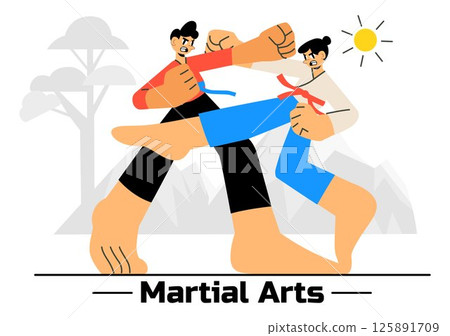Martial Arts Vector Illustration with an Athlete Performing a High Kick Exercise, Practicing Karate, or Demonstrating Fighting Poses in a Background Martial Arts Vector Illustration with an Athlete Performing a High Kick Exercise, Practicing Karate, or Demonstrating Fighting Poses in a Background 125891709
