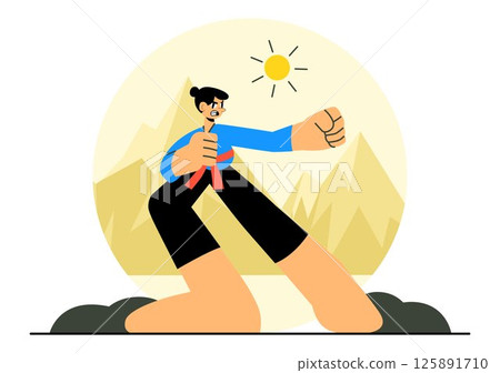 Martial Arts Vector Illustration with an Athlete Performing a High Kick Exercise, Practicing Karate, or Demonstrating Fighting Poses in a Background 125891710