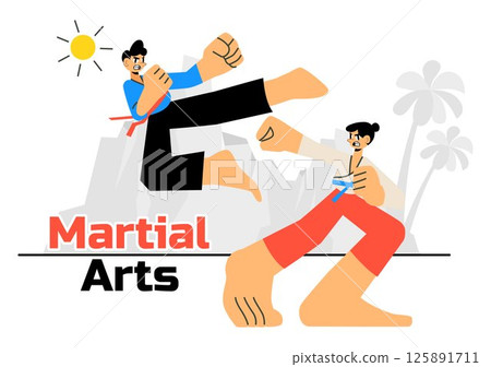 Martial Arts Vector Illustration with an Athlete Performing a High Kick Exercise, Practicing Karate, or Demonstrating Fighting Poses in a Background Martial Arts Vector Illustration with an Athlete Performing a High Kick Exercise, Practicing Karate, or Demonstrating Fighting Poses in a Background 125891711