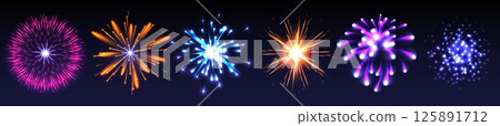 Firework explosion effects set isolated on black Firework explosion effects set isolated on black 125891712