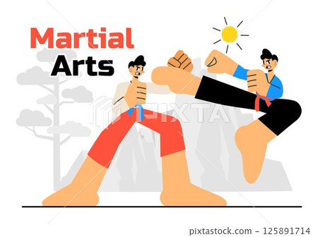 Martial Arts Vector Illustration with an Athlete Performing a High Kick Exercise, Practicing Karate, or Demonstrating Fighting Poses in a Background Martial Arts Vector Illustration with an Athlete Performing a High Kick Exercise, Practicing Karate, or Demonstrating Fighting Poses in a Background 125891714