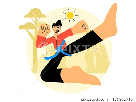 Martial Arts Vector Illustration with an Athlete Performing a High Kick Exercise, Practicing Karate, or Demonstrating Fighting Poses in a Background 125891716