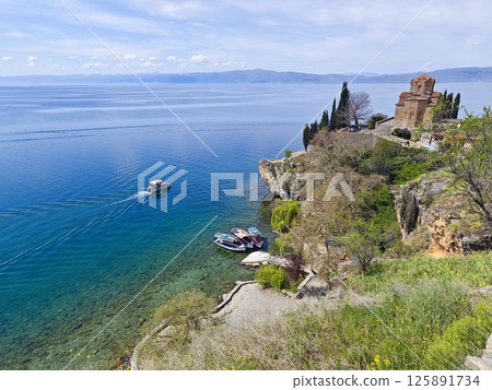 Church of St. John Kaneo in Ohrid and ships 125891734
