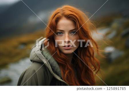 Close-up photo of a girl with green eyes and freckles on her face in the mountains 125891785