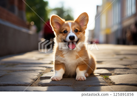 Corgi dog standing on the walkway. Welsh Corgi 125891856