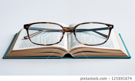 A close-up photo of a pair of eyeglasses resting on an open book with copyspace 125891874