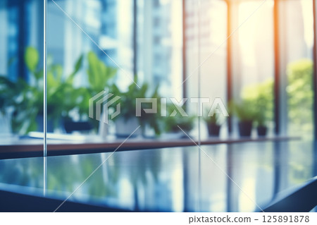 blurred background of a light modern office interior. Abstract light bokeh at office interior background for design. 125891878