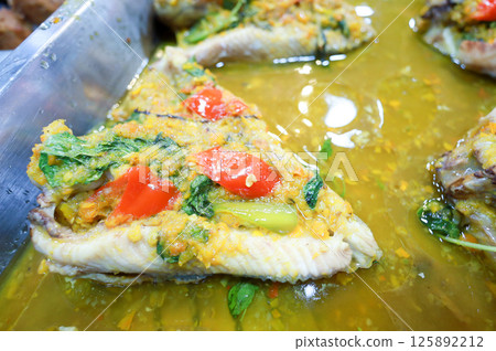 Top view of Sweet and saor sea bass, focus selective 125892212