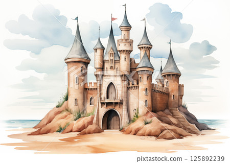 Watercolor painting of a sandcastle.  Sand castle in watercolor style 125892239