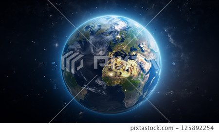 Planet Earth with detailed relief and atmosphere. Blue space background with earth and galaxy. Planet Earth with detailed relief and atmosphere. Blue space background with earth and galaxy. 125892254