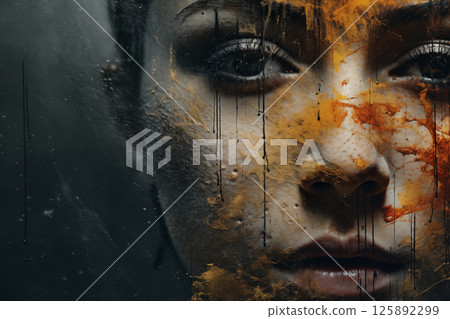Artistic portrayal of a woman's profile overlayed with dramatic textures 125892299