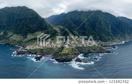 Aerial view of Madeira island . Land meets ocean in Seixal, Madeira , Portugal 125892382