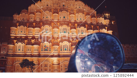 Hawa Mahal Palace In Night Illuminations. Palace Of Winds. Built From Red And Pink Sandstone. Maharaja Sawai Pratap Singh Built This Palace In 1799. Very Unique As It Has Many Small Windows And 125892444