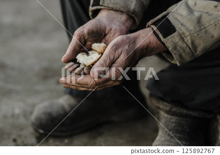 The aged hands grip the bread with quiet desperation. The hands bear the weight of a lifetime of work. 125892767