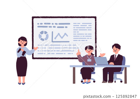 Illustration of a man and woman giving a presentation 125892847