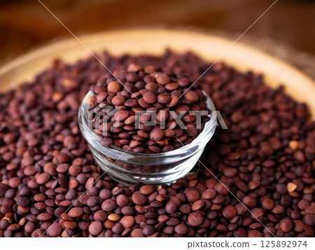 Organic uncooked seeds dark red brown lentils. Organic uncooked seeds dark red brown lentils. 125892974