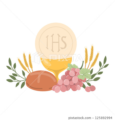 Composition of Christian symbols, attributes of the first communion.  125892994