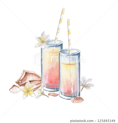 Two glasses of juice with straws, frangepani flowers and shells. Isolated watercolor illustration for restaurant menu design, interior decoration, weddings, poster printing. 125893149