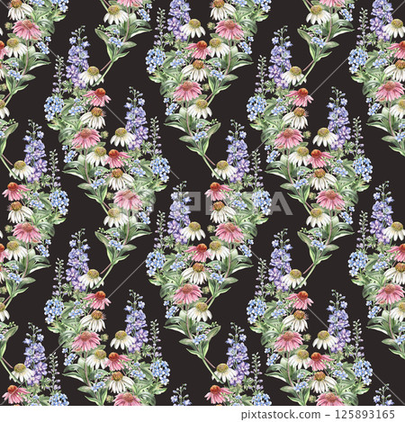 Seamless pattern with bouquets of garden flowers on a black background. Watercolor illustration for perfume design, printing on fabric, wallpaper, wrapping paper Seamless pattern with bouquets of garden flowers on a black background. Watercolor illustration for perfume design, printing on fabric, wallpaper, wrapping paper 125893165
