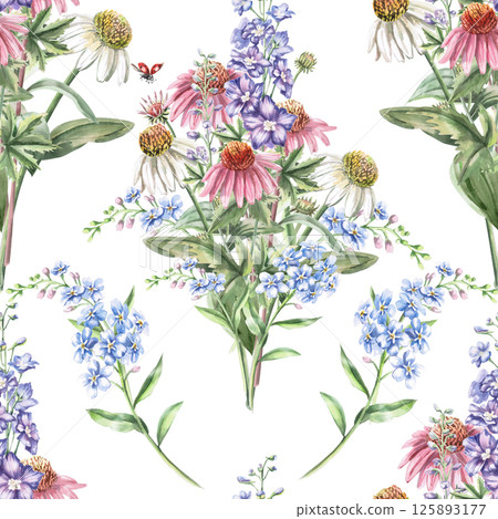Seamless pattern with bouquets of echinacea, forget-me-not and delphinium on a white background. Watercolor illustration of garden flowers for perfume design, printing on fabric, wallpaper, . 125893177