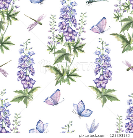 Seamless pattern with delphinium and butterflies on a white background. Watercolor illustration of garden flowers for perfume design, printing on fabric, wallpaper, wrapping paper. Seamless pattern with delphinium and butterflies on a white background. Watercolor illustration of garden flowers for perfume design, printing on fabric, wallpaper, wrapping paper. 125893183