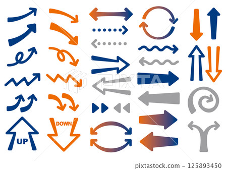 Dynamic rounded arrow set for explanatory materials (navy and orange/with white border) 125893450