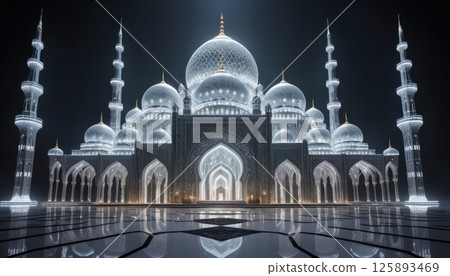 stunning illuminated mosque with intricate domes and minarets, showcasing Islamic architecture at night. glowing white structure reflects on polished floor, creating serene and majestic ambiance. 125893469