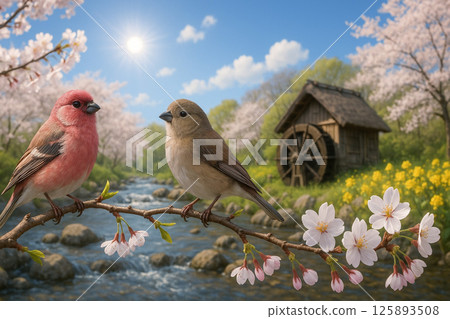 Two red finch on a branch of a waterside tree with young leaves and fresh greenery Two red finch on a branch of a waterside tree with young leaves and fresh greenery 125893508