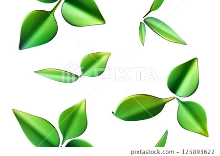 This seamless pattern showcases a variety of lush green leaves in different shapes dispersed evenly against a bright white background, perfect for nature-inspired designs and decor This seamless pattern showcases a variety of lush green leaves in different shapes dispersed evenly against a bright white background, perfect for nature-inspired designs and decor 125893622