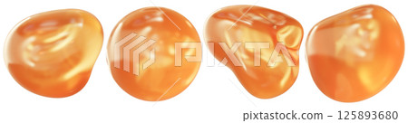 Set of realistic 3D amber or honey drops with a glossy, translucent texture and smooth organic shapes. Ideal for cosmetic ads, natural product branding, and wellness or food design concepts. 125893680