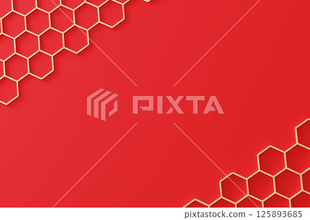 Colorful red backdrop showcases an intricate honeycomb pattern in a dynamic layout, offering ample space for text or graphics in a contemporary design. Perfect for marketing materials 125893685