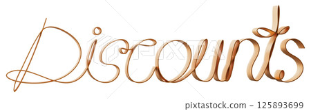 Golden outlined text displaying the word discounts stands prominently against a white background. This metallic design creates an eye-catching promotional element suitable for sales or marketing 125893699