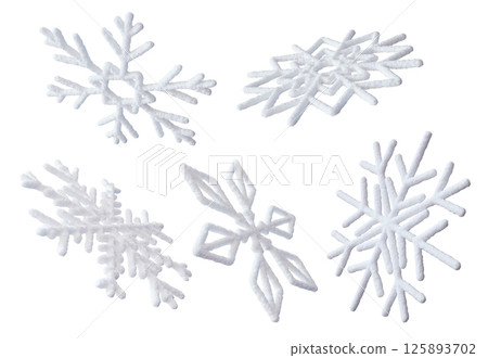 3D snowflakes collection, isolated on white background, perfect for winter themed projects or decorations. Realistic, white three dimensional snow flake shape. 125893702