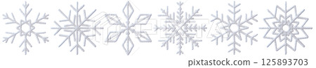 3D snowflakes collection, isolated on white background, perfect for winter themed projects or decorations. Realistic, white three dimensional snow flake shape. 125893703