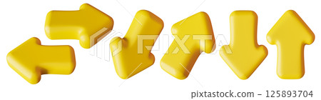 Vibrant yellow arrows in a three-dimensional style showcase various directions. These arrows are isolated against a clean white background, ideal for design and navigation purposes. 3D render. Vibrant yellow arrows in a three-dimensional style showcase various directions. These arrows are isolated against a clean white background, ideal for design and navigation purposes. 3D render. 125893704