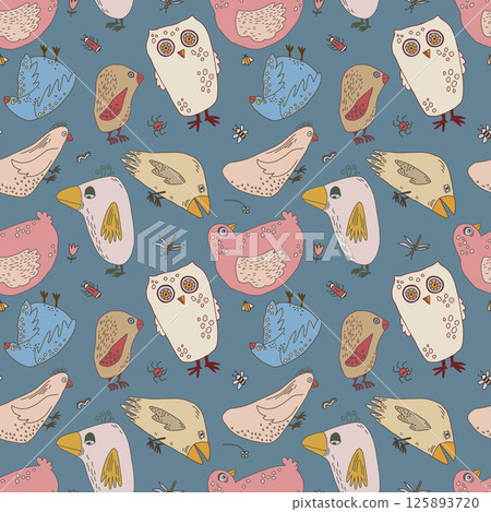 Seamless pattern with hand-drawn birds in playful pastel colors on a muted blue background Seamless pattern with hand-drawn birds in playful pastel colors on a muted blue background 125893720