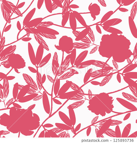 A bold and elegant floral silhouette pattern with blooming peonies and leafy branches in deep rose tones 125893736
