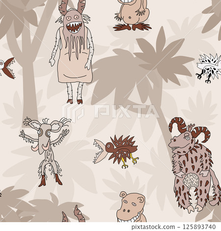 Seamless pattern with quirky, cartoon-style monsters in muted tones set against a background of abstract jungle foliage 125893740