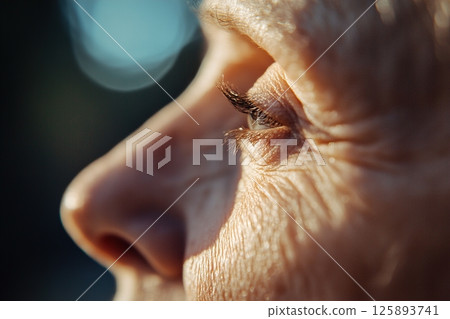 Sunlight gently illuminates the freckled skin of an elderly woman, highlighting the beauty of aging. The soft-focus creates a warm, tranquil atmosphere perfect for reflections on life Sunlight gently illuminates the freckled skin of an elderly woman, highlighting the beauty of aging. The soft-focus creates a warm, tranquil atmosphere perfect for reflections on life 125893741