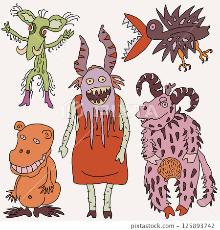 Surreal illustration with colorful, cartoon-style monsters. Surreal illustration with colorful, cartoon-style monsters. 125893742