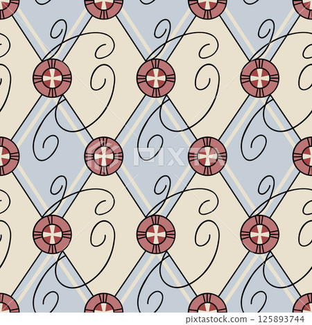 Vintage-inspired geometric seamless pattern in blue and beige 125893744