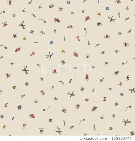 Seamless pattern with hand-drawn small bugs on a muted beige background 125893745