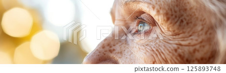 Sunlight illuminates the freckled skin of an elderly woman, capturing her natural beauty and wisdom. The dreamy soft-focus background adds a soothing atmosphere, inviting reflection 125893748