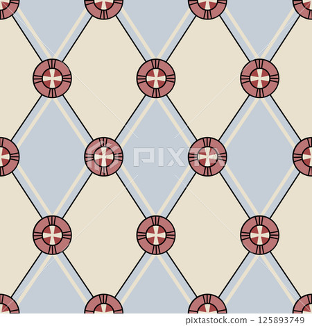 Art Deco seamless pattern with repeating diamond shapes and stylized circular accents. 125893749